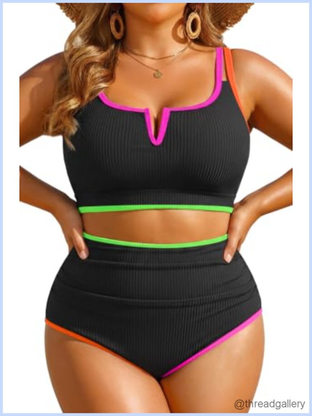 Plus Size High Waisted Ribbed Tummy Control Bikini Two Piece Swimset